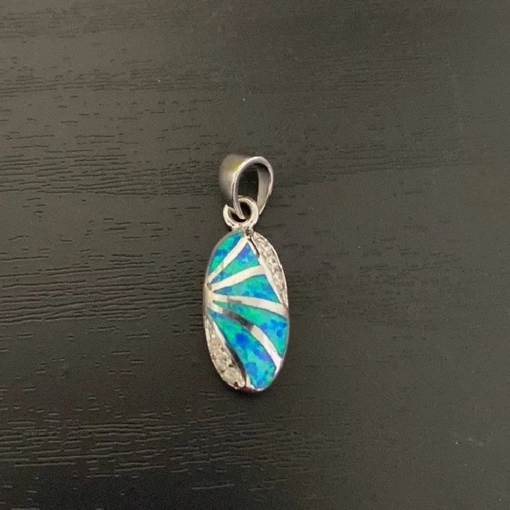 Blue Opal and Cubic Zirconia Sterling Silver Pendant - Picture 1 of 4